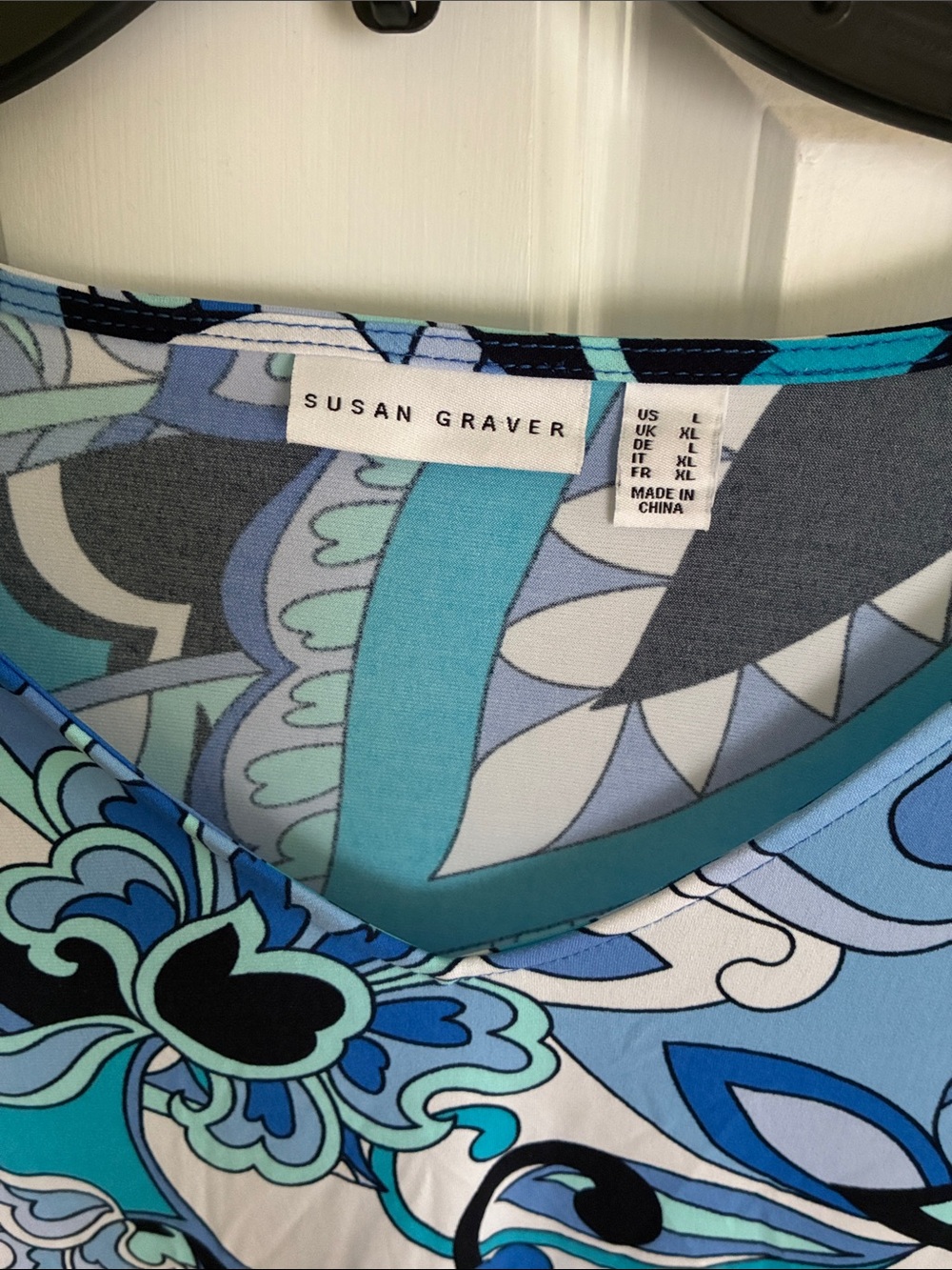 Women's Blue Mixed-Print V-Neck Top by Susan Graver - Picture 2 of 4